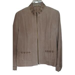 Ruff Hewn Women's L Tan Genuine Suede Leather Jacket Grommet Details Zip Moto